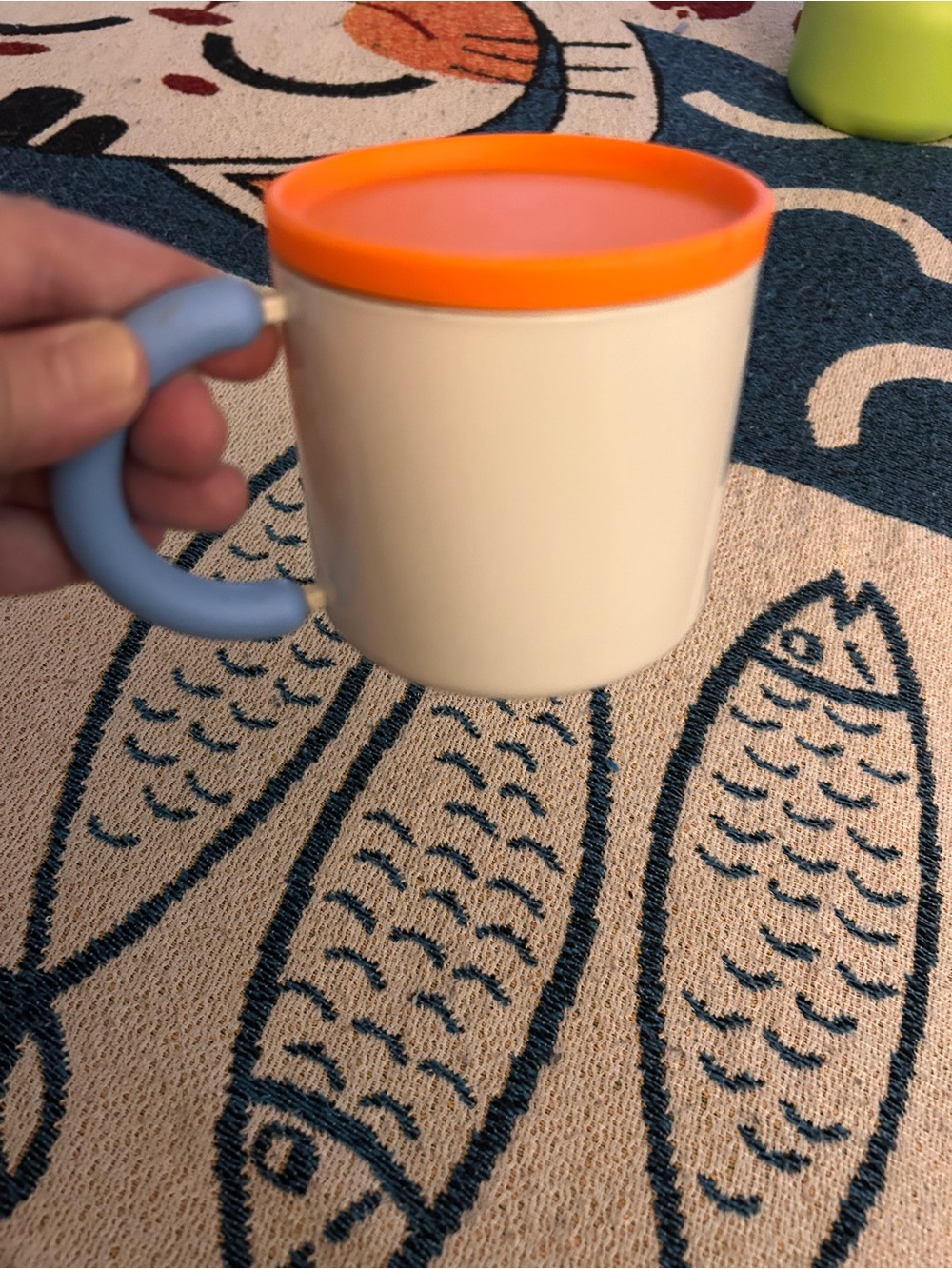 White Mug with Orange Lid and Light Blue Handle - Picture 10 of 10